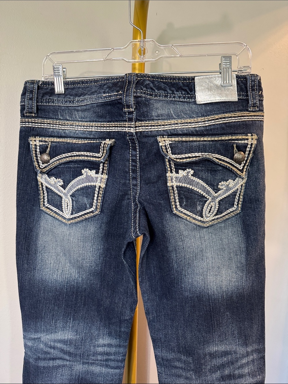 Maurices low rise Dark Blue Boot Cut Jeans heavy White stitched Back Pockets